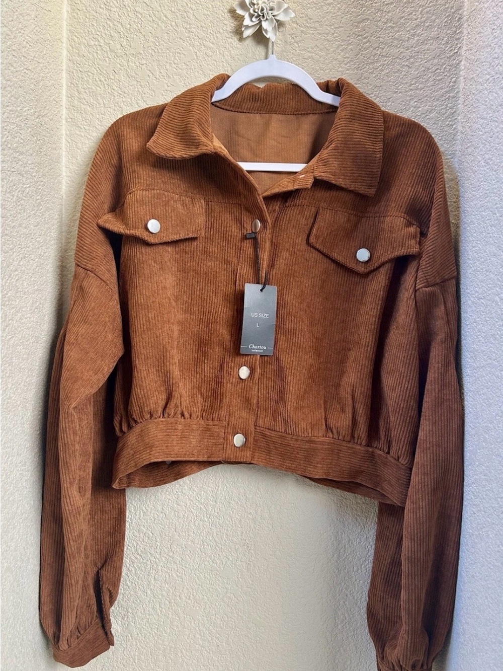 Corduroy Crop Bomber Jacket in Brown